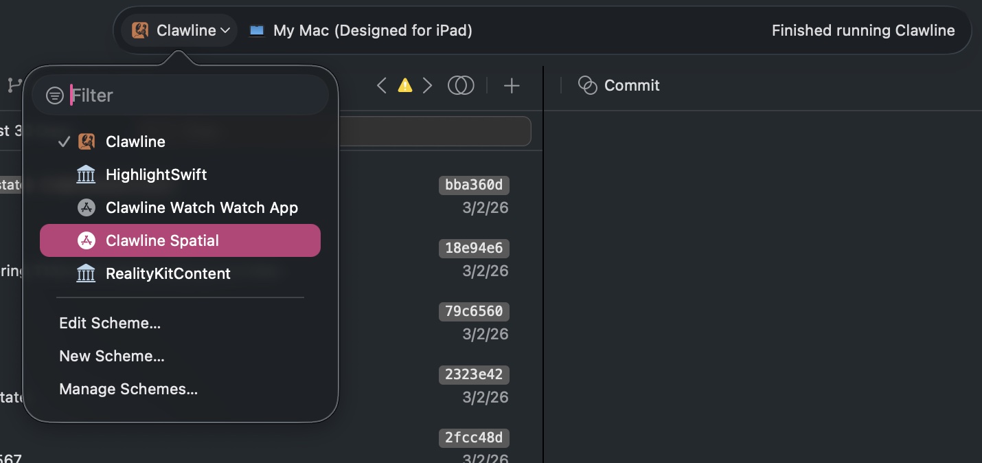 Xcode scheme selector showing Clawline and Clawline Spatial targets